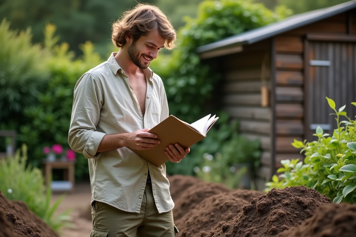 Jeune homme examine compost dans son jardin
