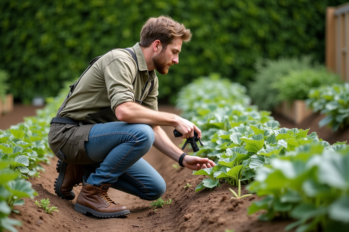 Jeune homme pulvérisant solution antifongique dans le jardin