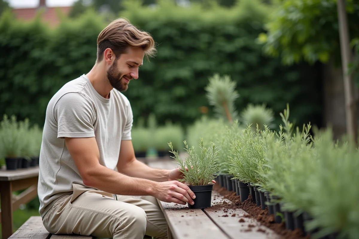 Jeune homme plantant du romarin dans des pots en extérieur