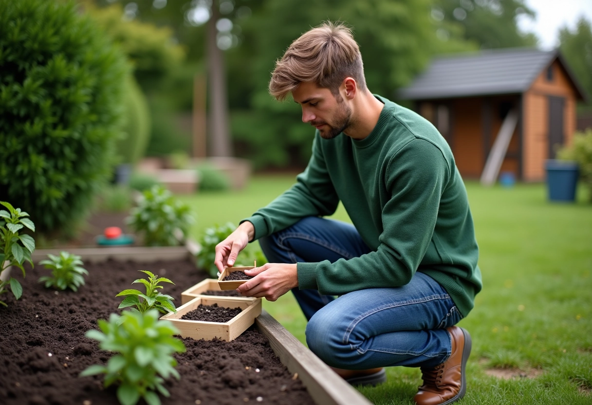 Jeune homme vérifiant graines dans le jardin