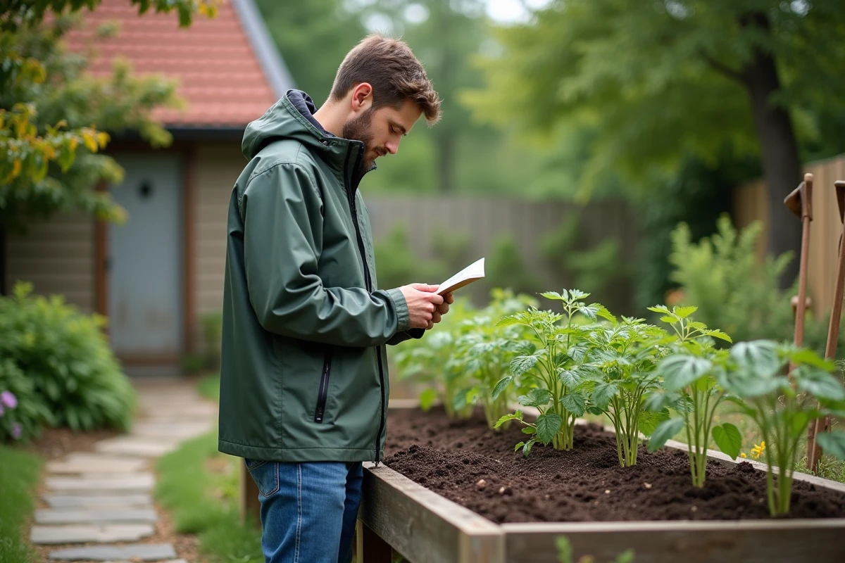 Jeune homme vérifiant des semis de tomates dans un jardin