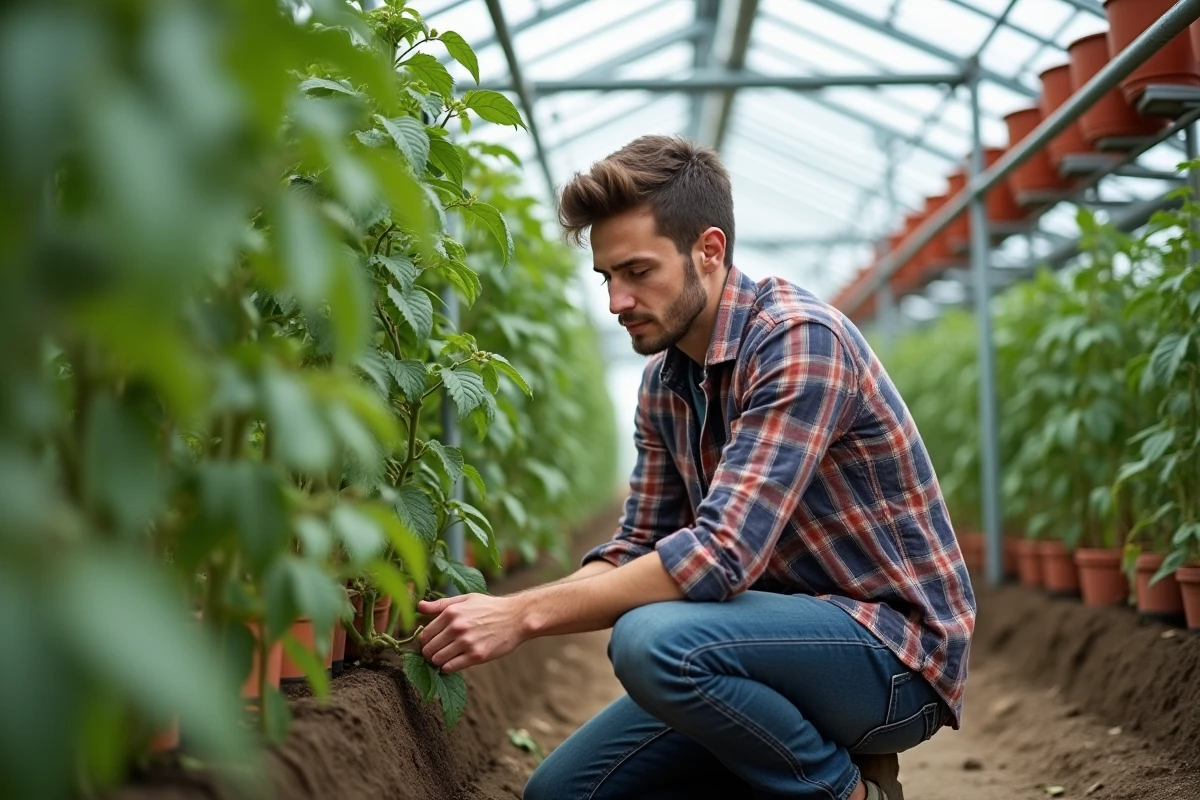 Jeune homme dans une serre taillant des tomates avec concentration