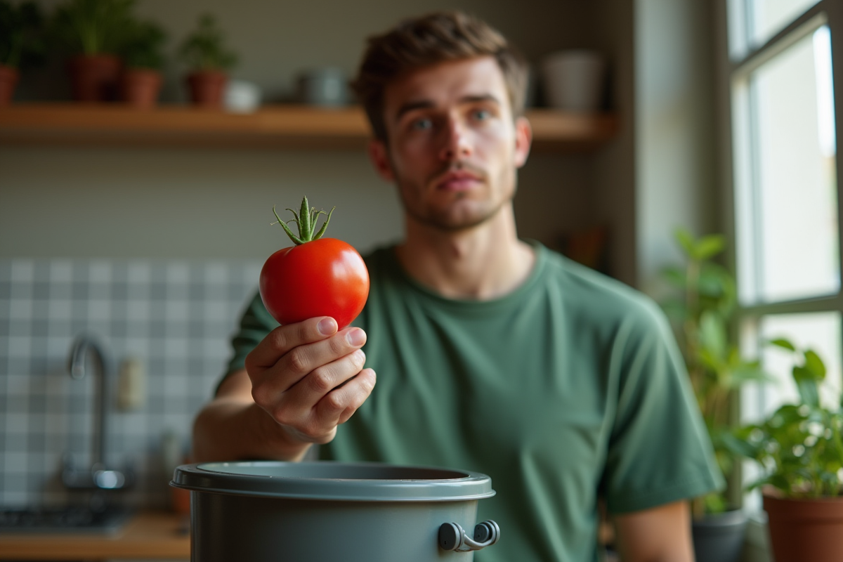 Jeune homme regardant une tomate au compost de cuisine