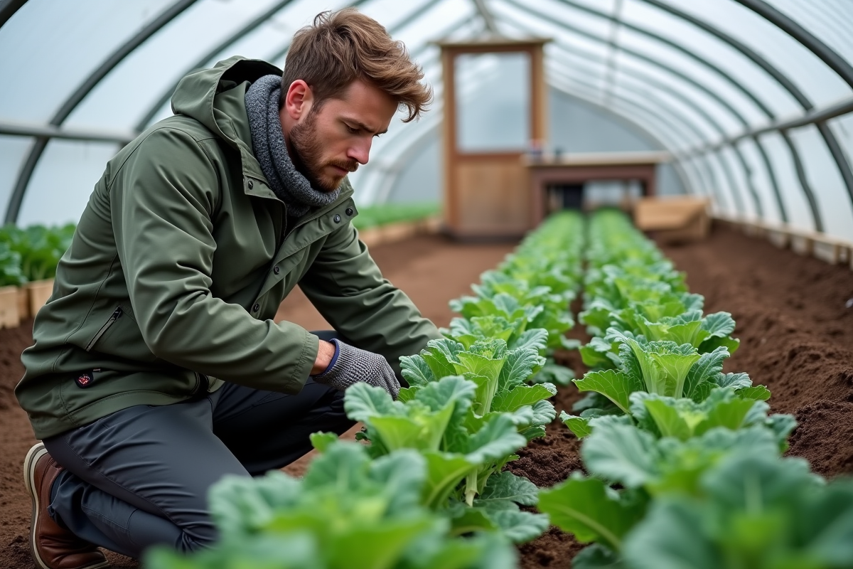 Jeune homme inspectant du chou kale dans une serre rustique