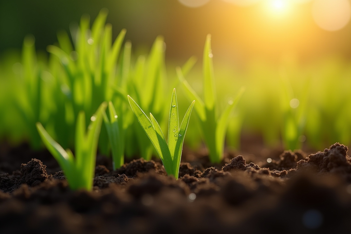 Jeunes pousses d herbe dans la terre humide au matin