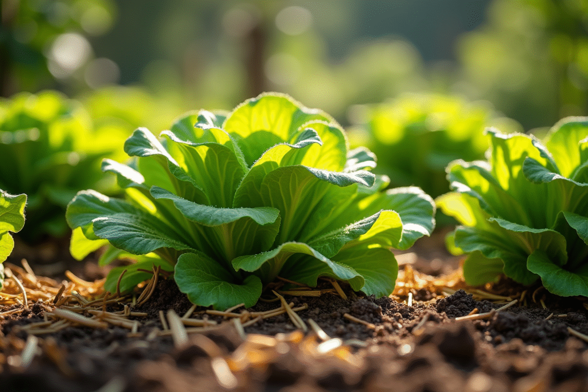 Jeunes plants de laitue mulches dans un jardin bio