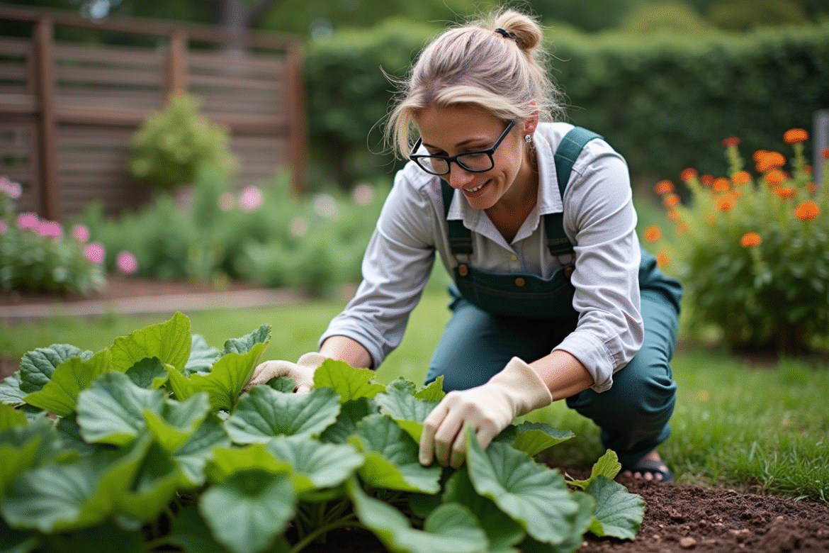Femme en tenue de jardin inspectant des feuilles vertes