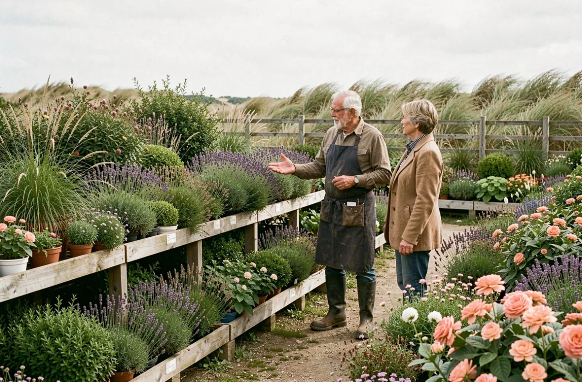 Pépiniériste conseillant des clients parmi les végétaux ornementaux de Larnaud Jardin en Charente-Maritime