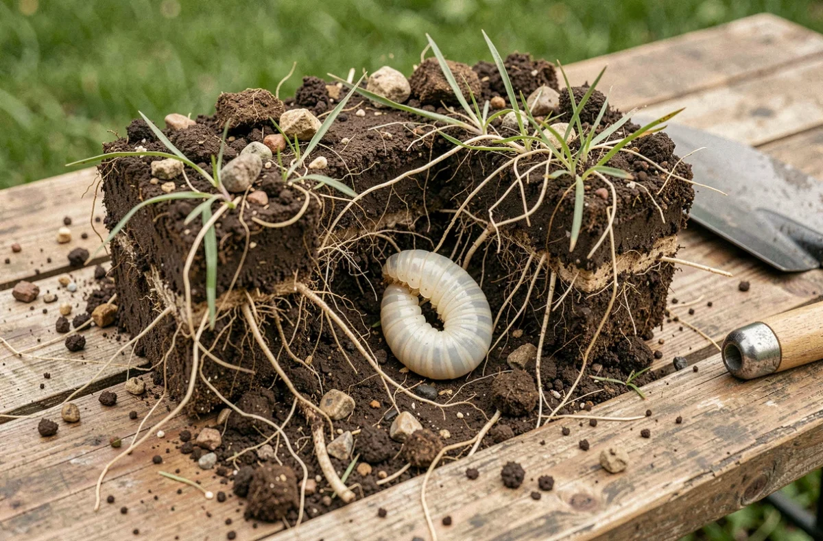 Larve blanche de hanneton découverte dans la terre d'un jardin, parmi les racines du gazon