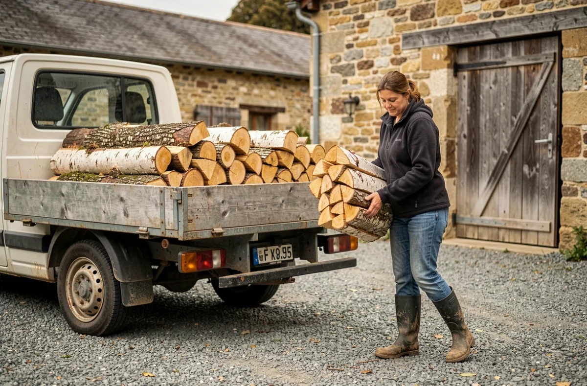 Livraison de bûches de bois de chauffage prêtes à l'emploi dans une ferme française