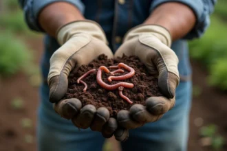 Mains tenant une poignée de terre humide remplie de vers de terre vivants dans un jardin