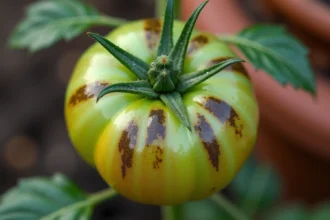 Gros plan sur une feuille de tomate présentant des taches brunes et un jaunissement symptomatiques d'une maladie fongique au jardin