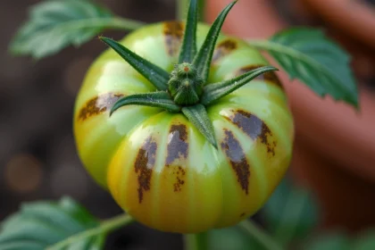 Gros plan sur une feuille de tomate présentant des taches brunes et un jaunissement symptomatiques d'une maladie fongique au jardin
