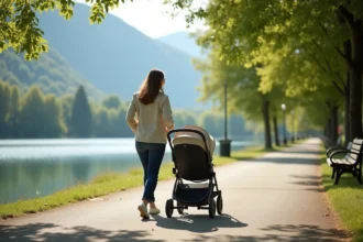 Jeune maman poussant un landau moderne sur un chemin pavé d'un parc au bord du lac d'Annecy avec les Alpes en arrière-plan