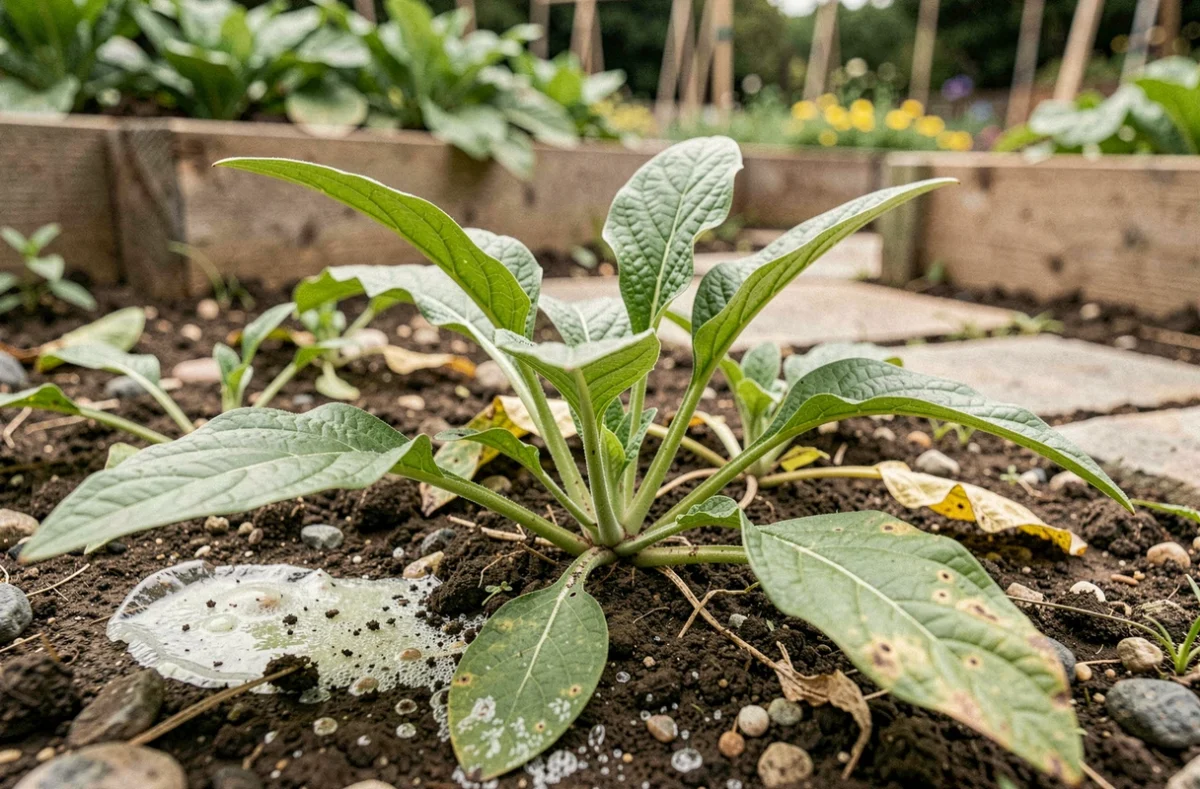 Gros plan sur des mauvaises herbes résistantes au désherbant avec des feuilles cireuses épaisses dans un jardin potager