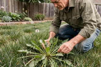 Homme examinant des mauvaises herbes résistantes dans une pelouse en plein air, détail des plantes envahissantes entre les brins d'herbe