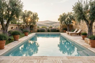 Piscine de luxe dans une villa provençale avec vue sur les collines de la région PACA, entourée d'oliviers et de murs en pierre calcaire