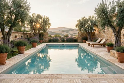 Piscine de luxe dans une villa provençale avec vue sur les collines de la région PACA, entourée d'oliviers et de murs en pierre calcaire