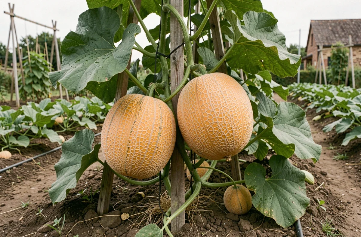 Melons charentais mûrs sur une tige taillée dans un potager traditionnel français