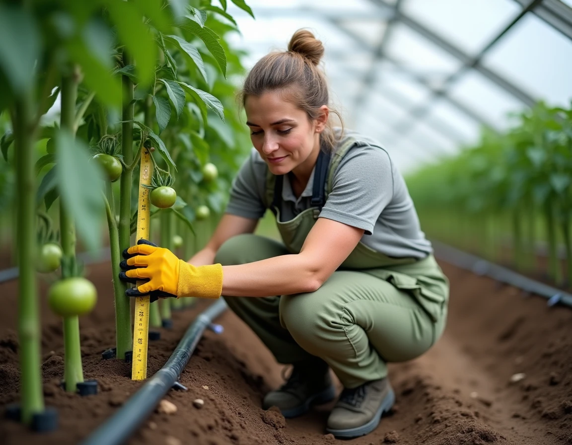 Horticultrice mesurant l'espacement entre deux plants de tomates sous serre avec un mètre ruban jaune, sol en terre noire avec goutteurs d'irrigation visible au premier plan