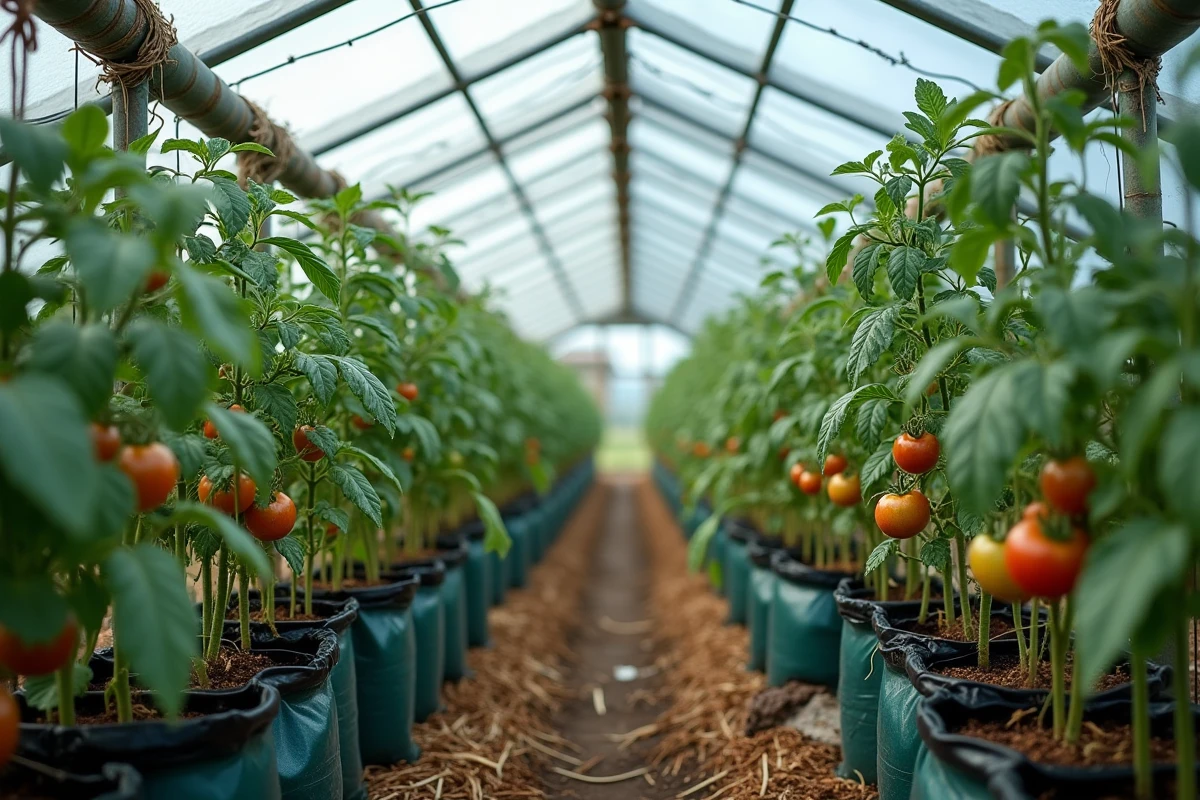 Vue d'ensemble à l'intérieur d'une serre avec plusieurs plants de tomates atteints de mildiou, tiges affaissées et feuilles tachetées