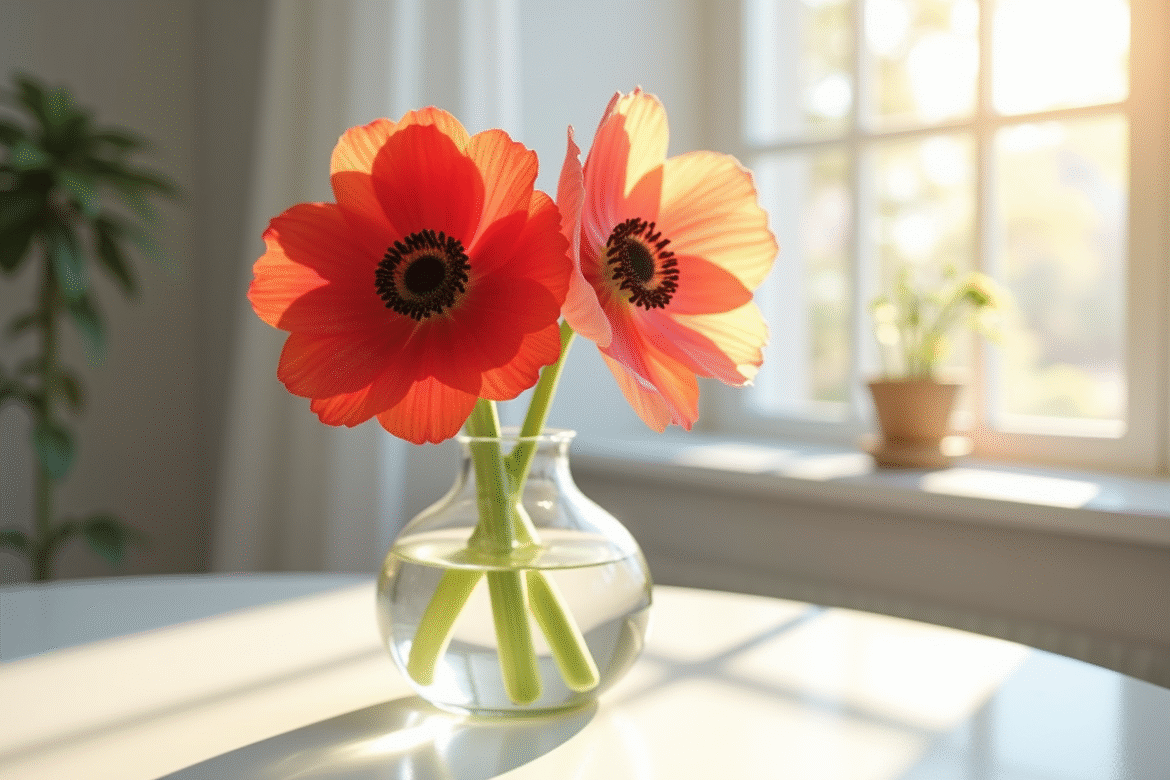 Arrangement de fleurs d'anemone et d'amaryllis dans un vase lumineux