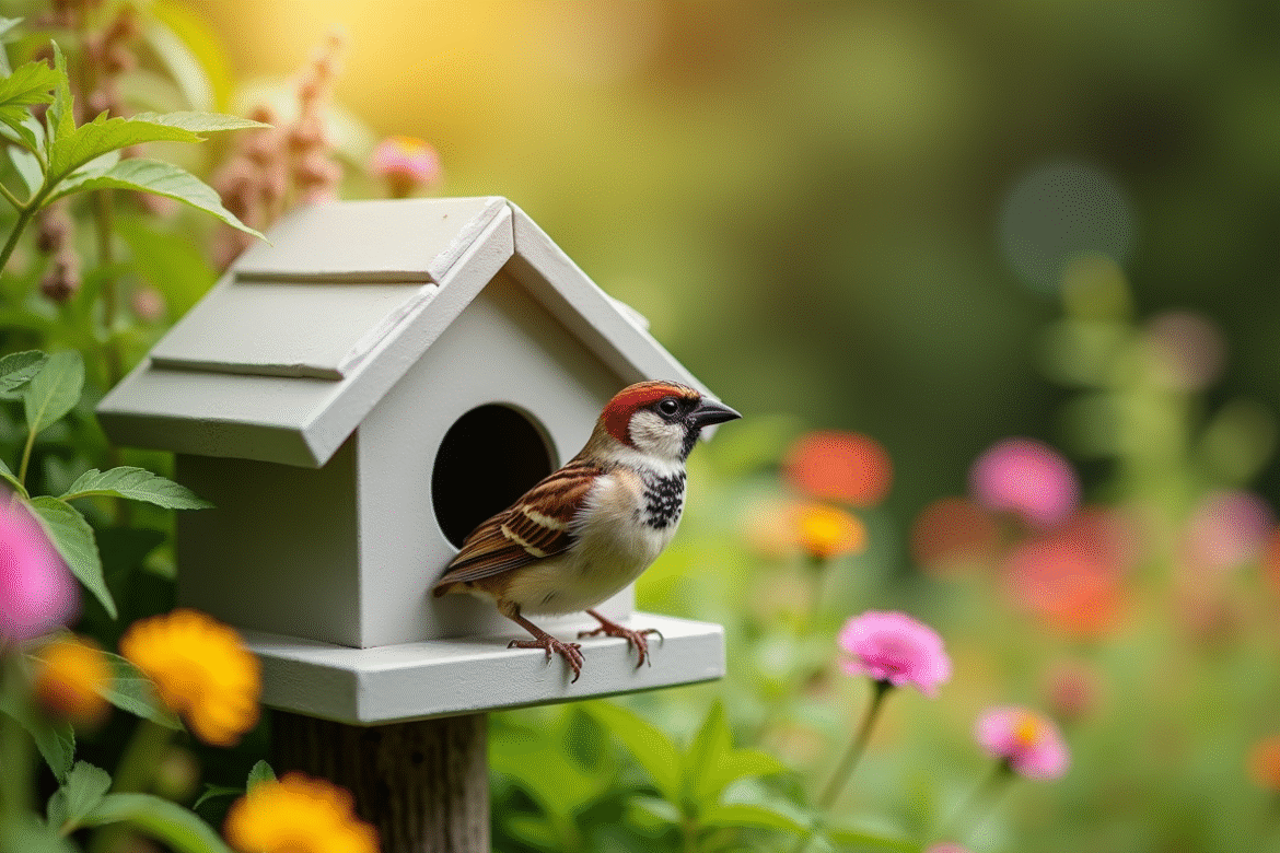 Un moineau perché sur une petite maison en PVC dans un jardin verdoyant