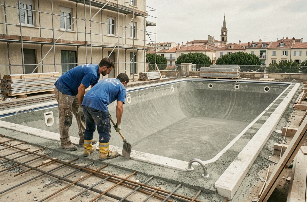 Techniciens de Mondial Piscine Marseille supervisant la construction d'une grande piscine en béton projeté dans un chantier urbain à Marseille