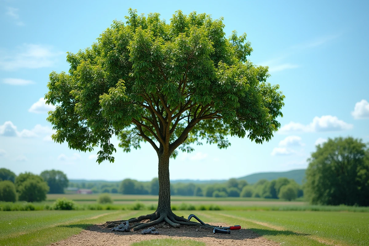 Mûrier adulte après taillage dans un jardin rural en été avec outils de jardinage posés au pied de l'arbre