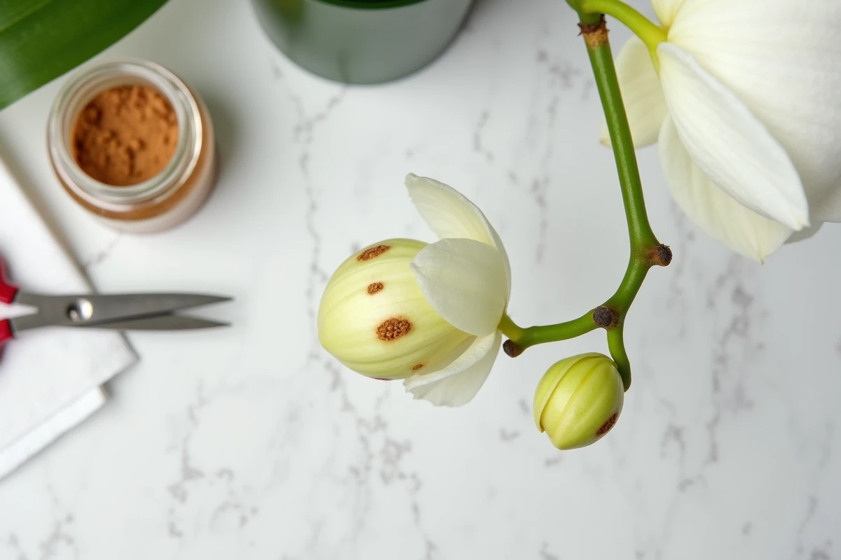 Gros plan sur le nœud d'une tige d'orchidée Phalaenopsis où effectuer la coupe pour relancer la floraison