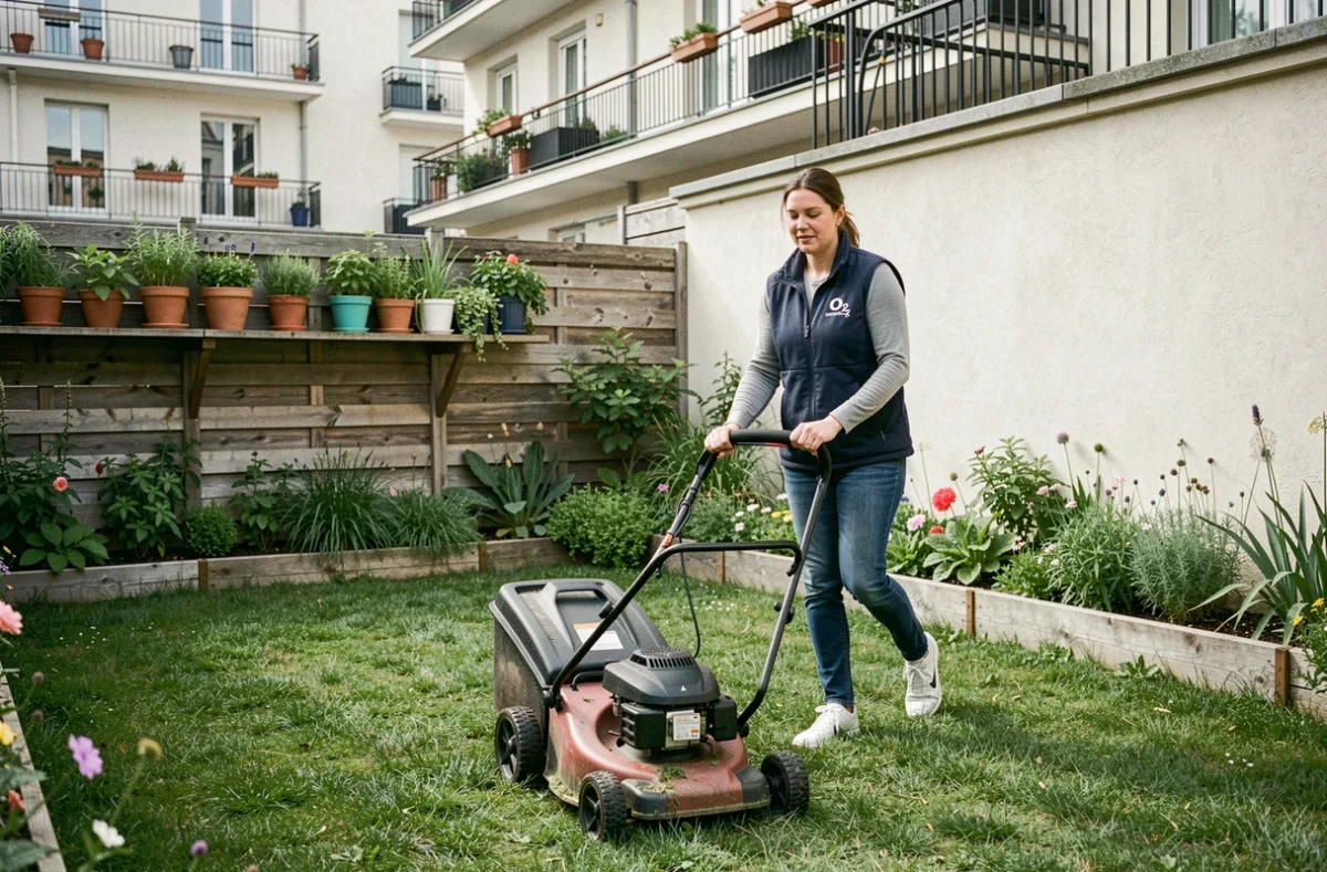 Jardinière O2 en veste bleue tondant une pelouse urbaine dans un jardin parisien résidentiel
