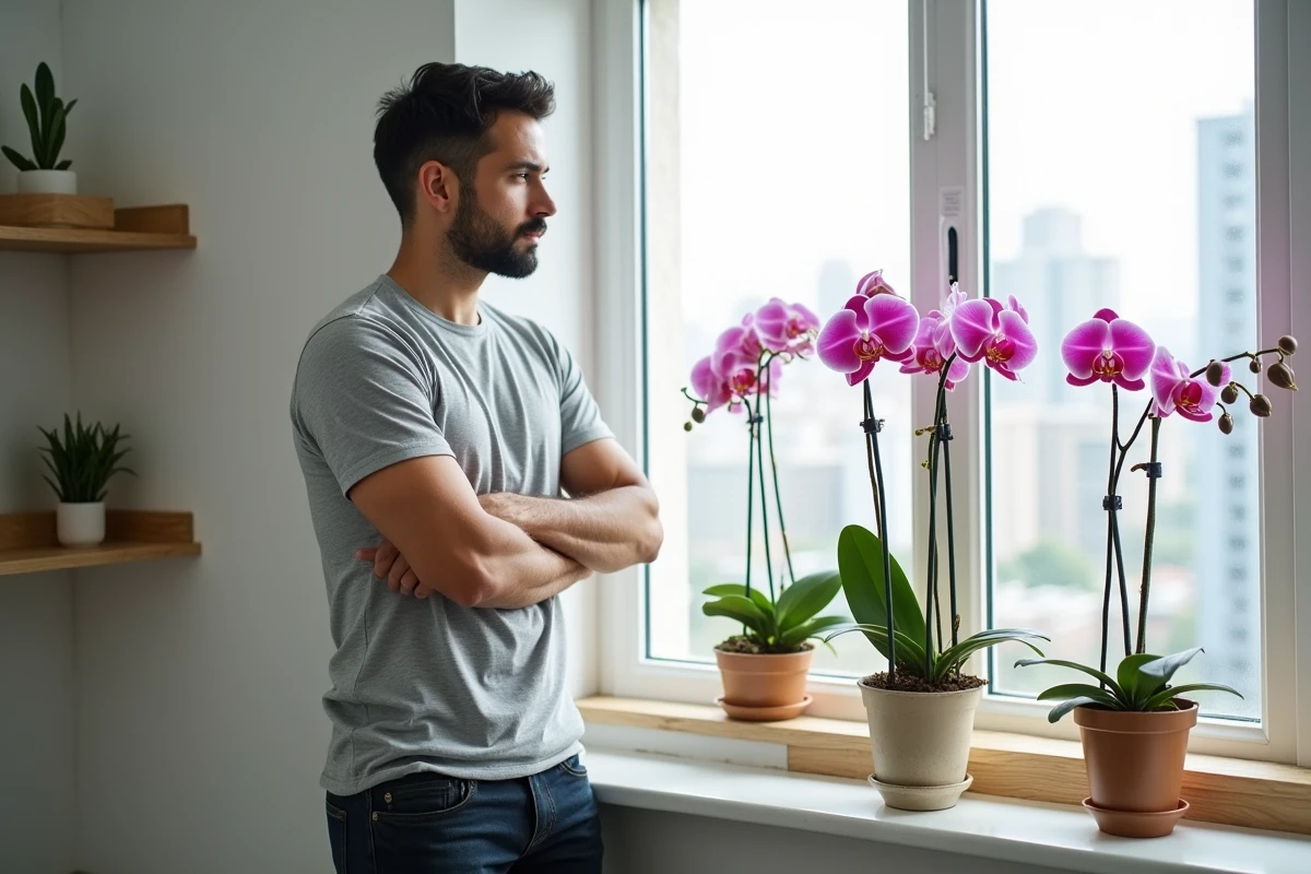 Homme observant ses orchidées Phalaenopsis sur un rebord de fenêtre, incluant une tige taillée avec de nouveaux bourgeons