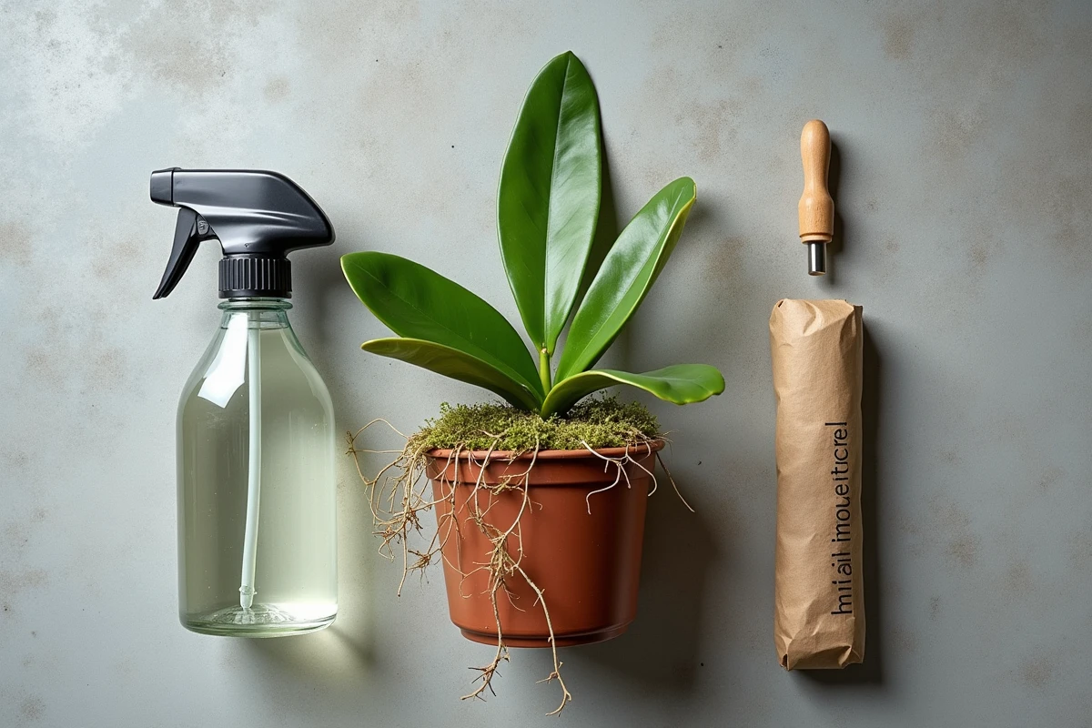 Flat lay des outils d'hydratation pour orchidée avec sphaigne, spray, pot terracotta et racines sur béton