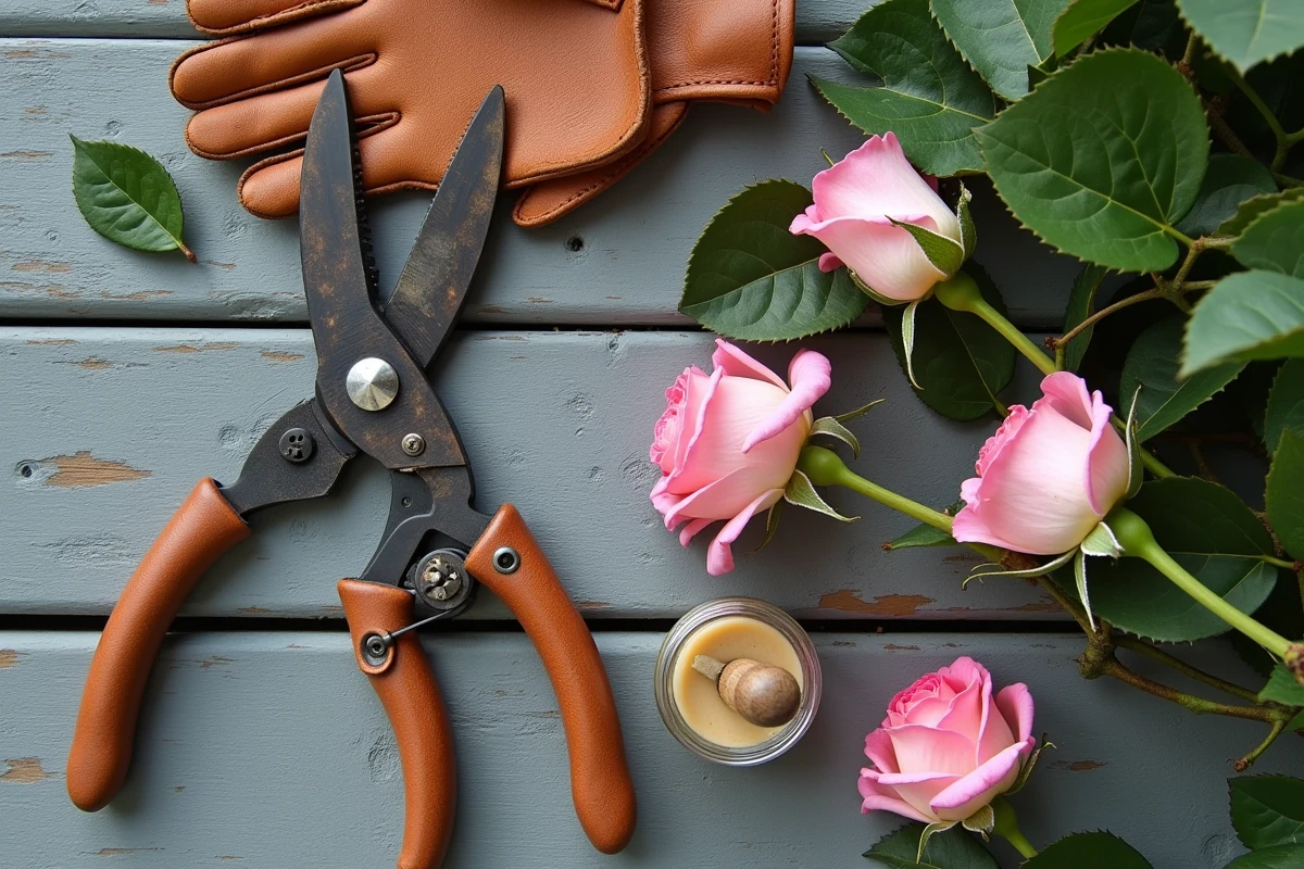 Sécateur, gants de jardinage et tiges de rosiers coupées posés sur une table de jardin en bois