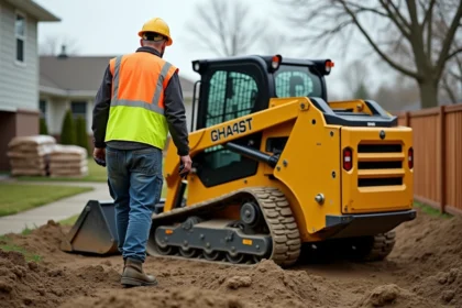 Ouvrier en safety vest guide une machine de nivellement dans un jardin
