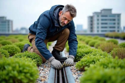 Ouvrier vérifiant un drain sur un toit végétal urbain