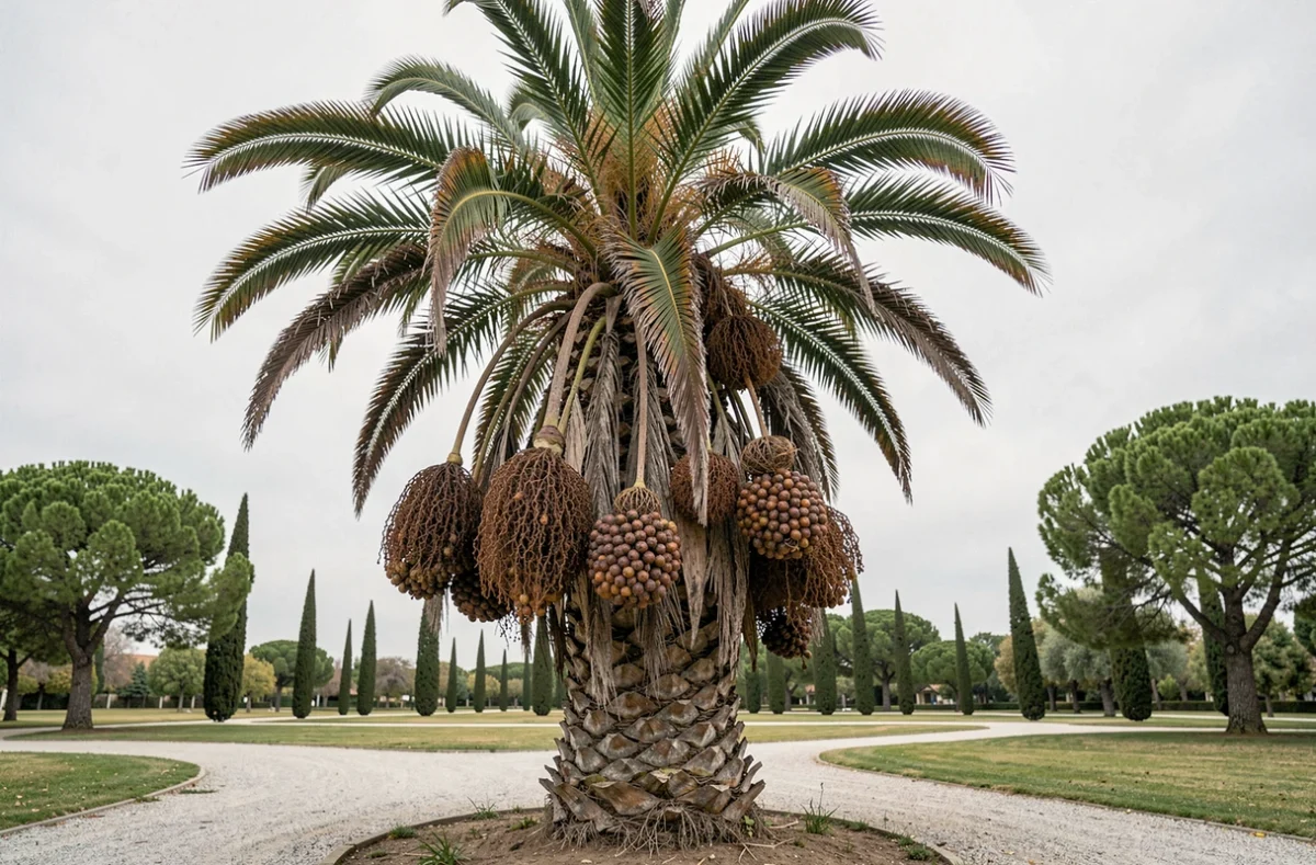 Palmier des Canaries affaibli avec des régimes de fleurs non coupées dans un parc paysager urbain