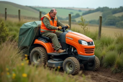 Paysagiste professionnel sur une débroussailleuse autoportée orange débroussaillant un talus rural envahi de broussailles
