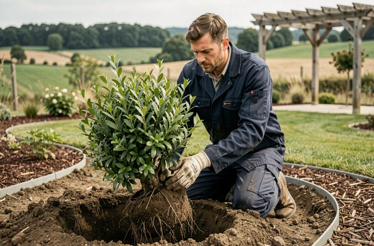 Jardinier Pena Paysages replantant un arbuste dans un jardin résidentiel aménagé en Seine-et-Marne