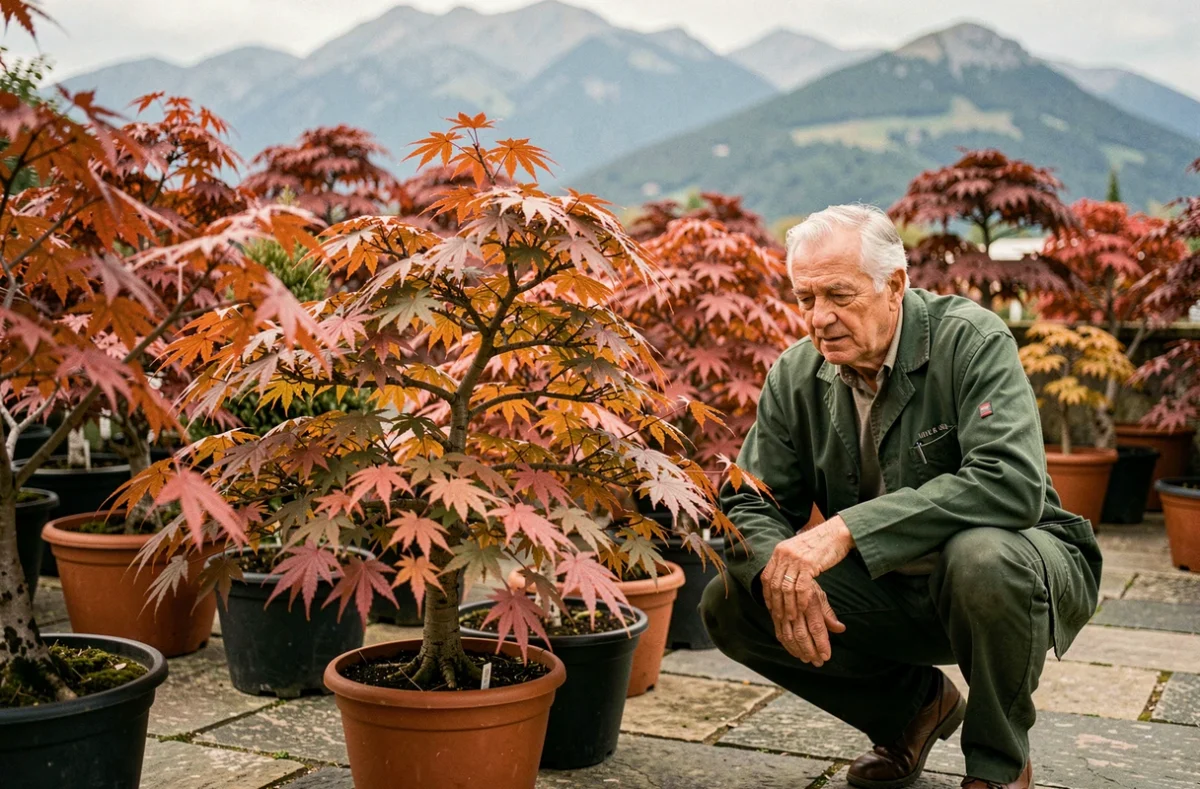 Érables du Japon aux feuilles rouge et orangé exposés dans la pépinière Gaurrat dans les Pyrénées-Atlantiques