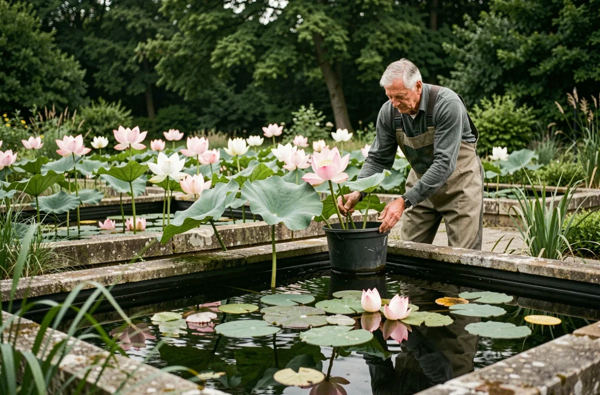Bassin aquatique avec lotus en fleurs et nénuphars à la pépinière le Jardin des Lotus en Dordogne