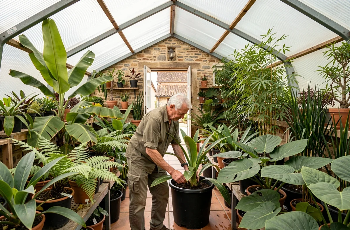 Serre remplie de végétaux exotiques tropicaux à la pépinière du Jardin de Planbuisson en Dordogne