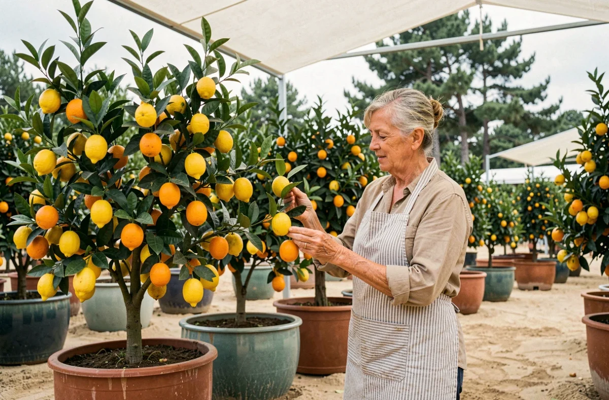 Collection d'agrumes en pots avec fruits visibles à la pépinière Michel Dufau dans les Landes