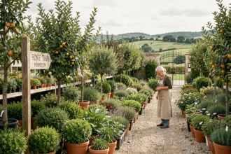 Allées d'une pépinière en Nouvelle-Aquitaine avec des plantes en pots et des arbustes variés
