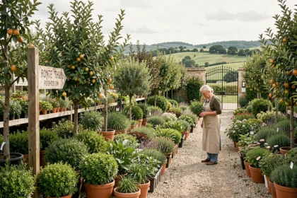 Allées d'une pépinière en Nouvelle-Aquitaine avec des plantes en pots et des arbustes variés