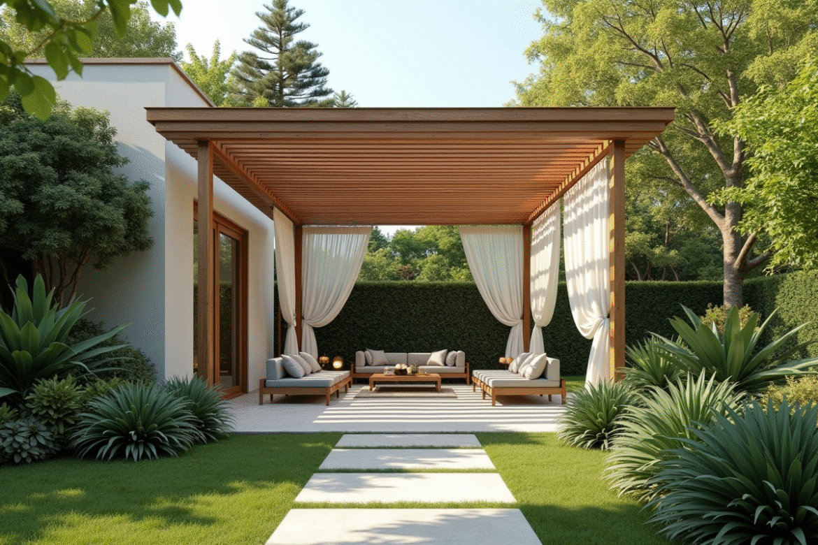 Pergola moderne dans un jardin verdoyant vue aérienne