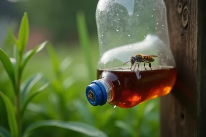 Piège à frelons asiatiques fait maison avec une bouteille en plastique suspendue dans un jardin