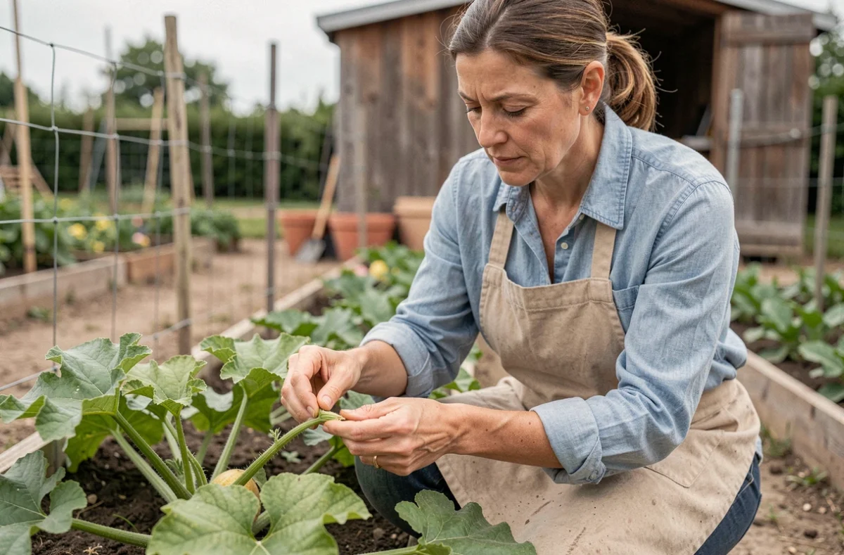 Femme pinçant les tiges latérales d'un plant de melon charentais dans un jardin partagé