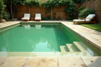Piscine à eau verte due à la présence d'algues dans un jardin résidentiel