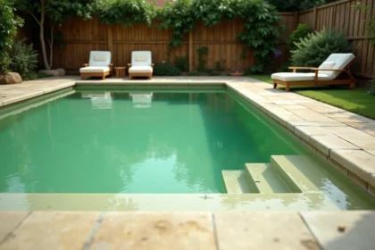 Piscine à eau verte due à la présence d'algues dans un jardin résidentiel
